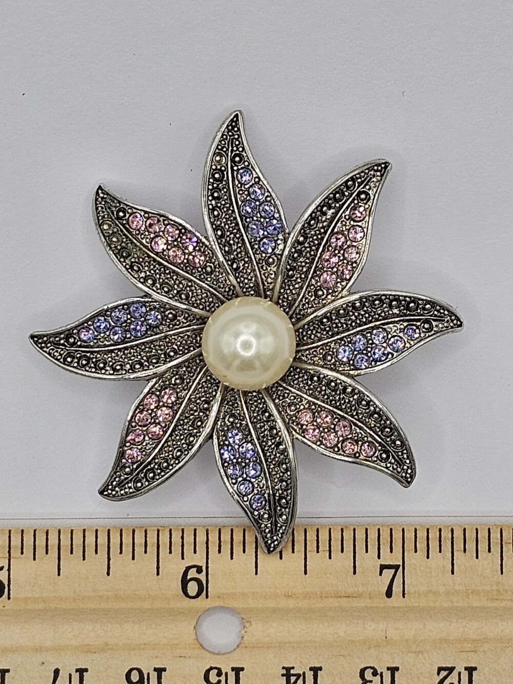 Vintage XL silver dramatic Brooch Pendant 2.5"+ flower Pearl center pink blue